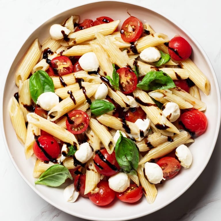 Torn basil leaves perfume the bowl as colorful Caprese Salad Pasta is tossed with a light balsamic glaze for a bright finish.