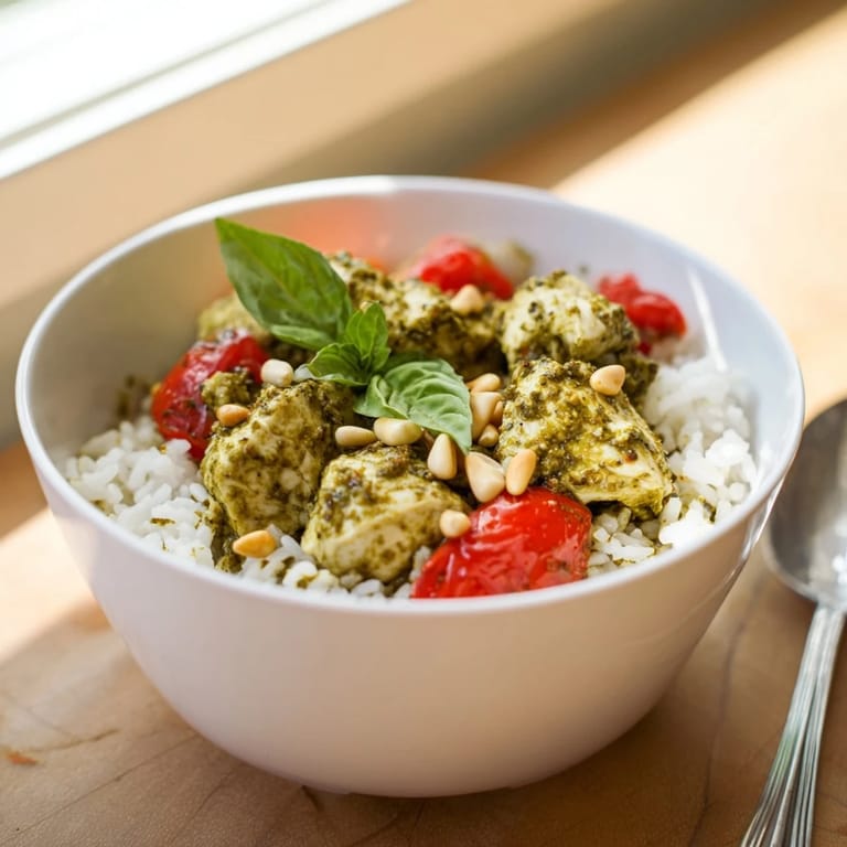 A comforting, gluten-free Chicken Pesto Rice Bowl garnished with fresh basil and a sprinkle of Parmesan cheese.