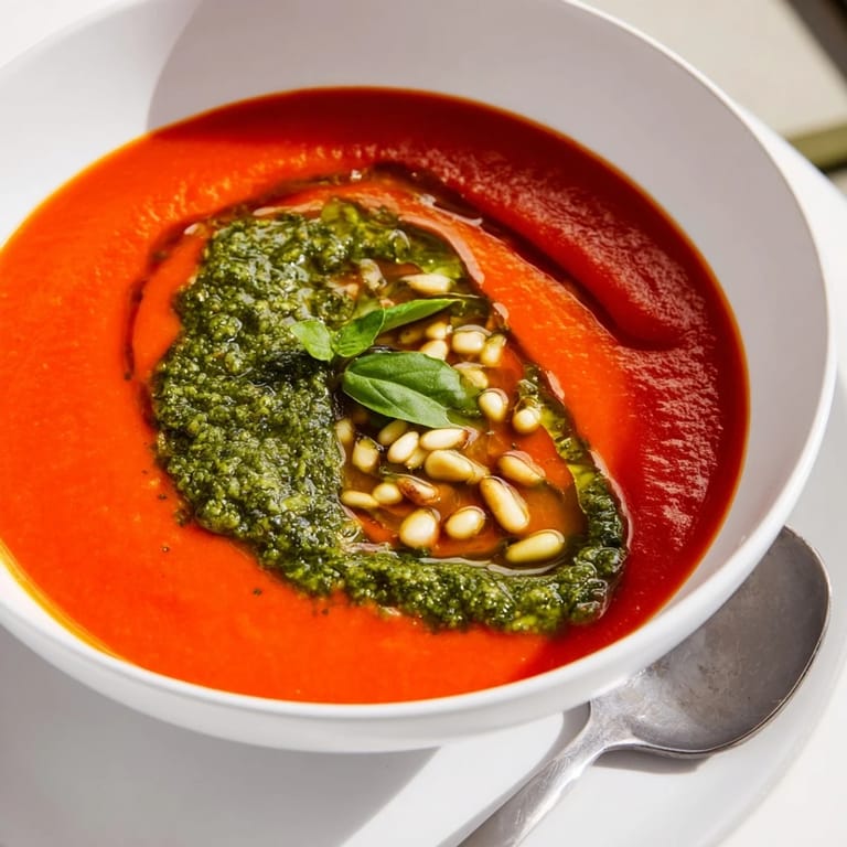 Velvety tomato soup with basil pesto swirl served beside crusty bread for dipping and a sprinkle of chili flakes.