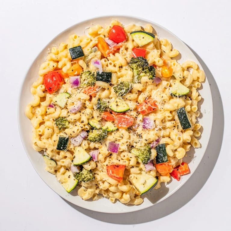 A close-up of Roasted Veggie Mac & Cheese featuring caramelized peppers and zucchini tossed with al dente elbow macaroni.