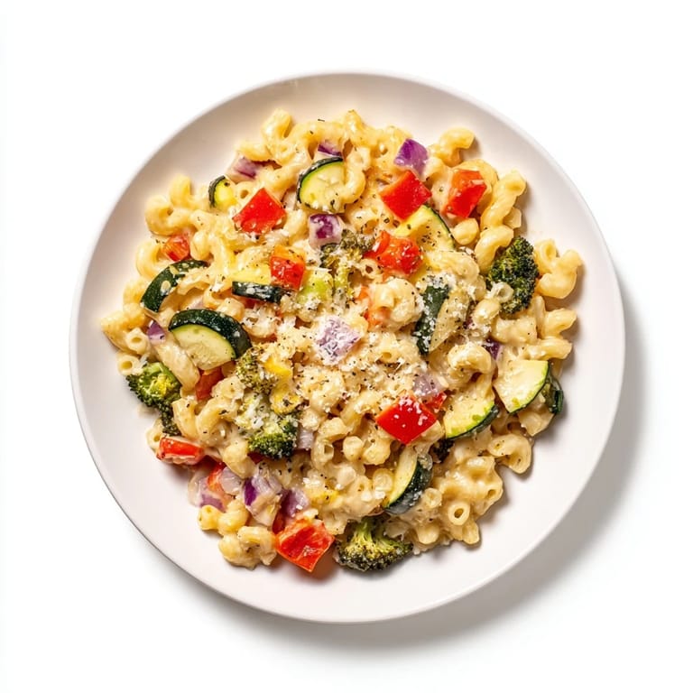 Served in a rustic white bowl, Roasted Veggie Mac & Cheese glistens with sharp cheddar and a garnish of fresh parsley.