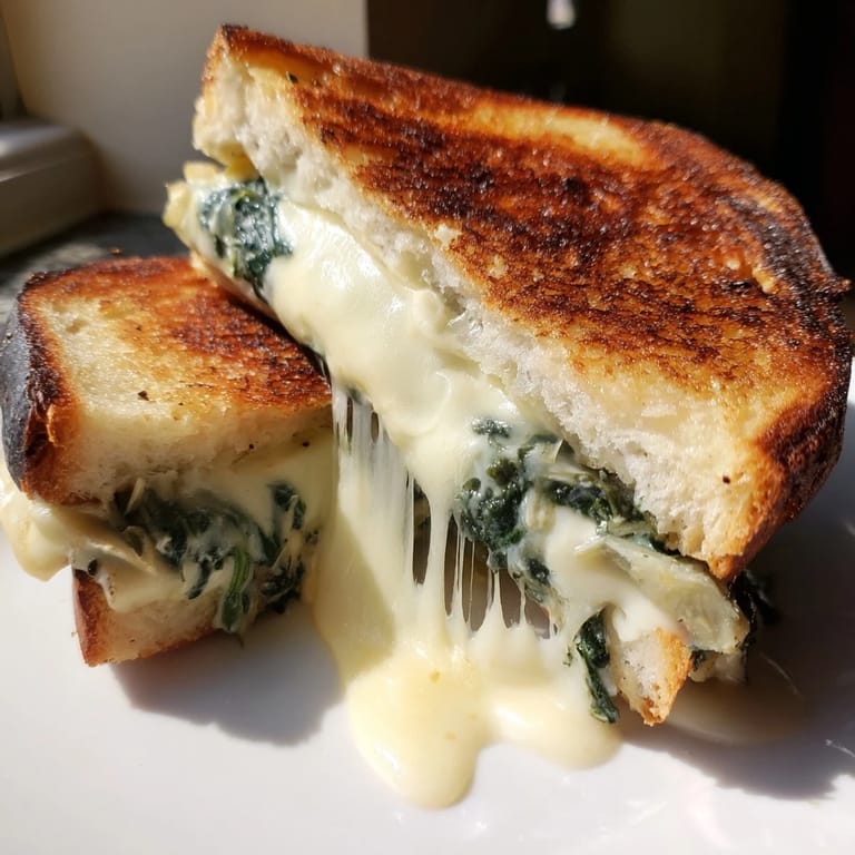 Artichoke Spinach Grilled Cheese filling oozing from between crispy sourdough slices, revealing chopped spinach and artichoke hearts.
