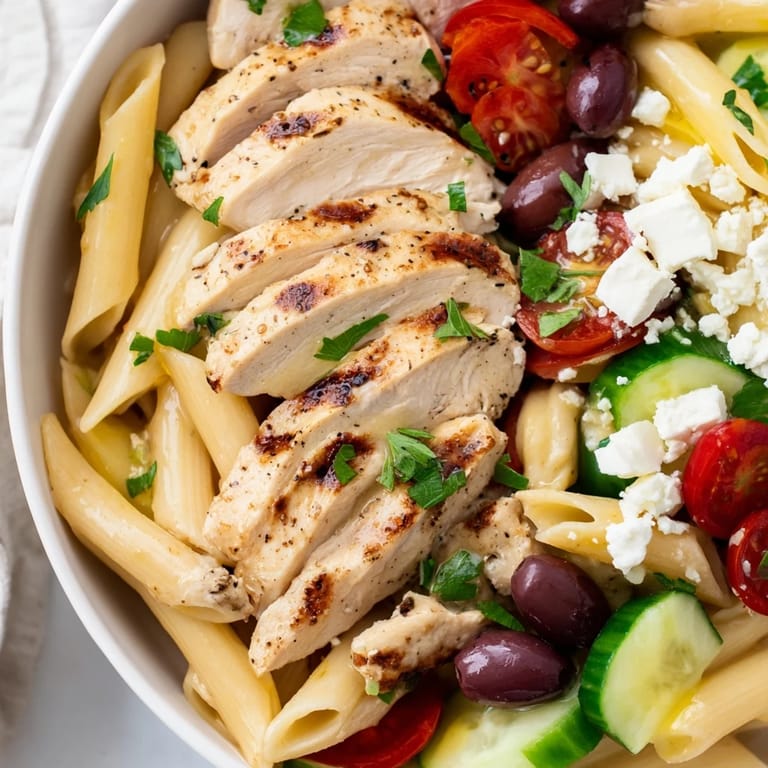 Freshly tossed Greek Chicken Pasta Bowl with cherry tomatoes, red onion, feta, and a vibrant Mediterranean dressing.