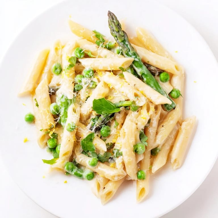 Garlic Parmesan Spring Vegetable Pasta featuring tender vegetables tossed in a silky lemon-scented sauce, garnished with fresh basil.