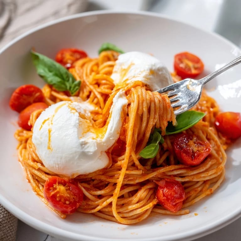 A close-up of burrata Caprese pasta showing glossy tomato sauce and a pull of cheese.