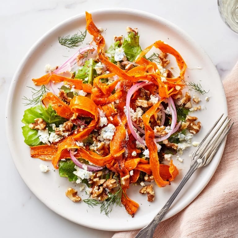 Tender roasted carrot ribbons arranged over salad greens, sprinkled with crunchy pecans and fresh herbs for added flavor.