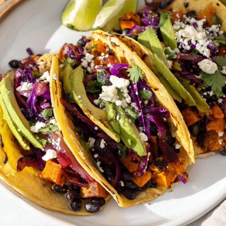 A close-up of freshly assembled Black Bean and Sweet Potato Tacos, showcasing the colorful mix of sweet potatoes, black beans, and sliced avocado, perfect for a quick vegan weeknight meal.