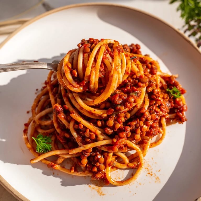 Lentil Bolognese sauce simmering with diced carrots and celery in a rustic pot, ready to be served.