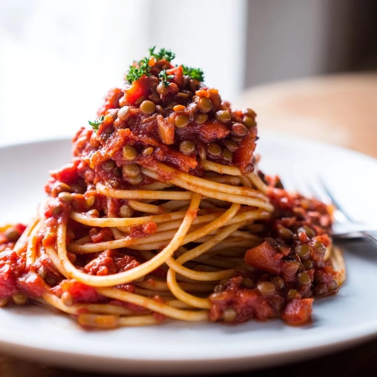 Close-up of Lentil Bolognese over pasta, featuring a rich, tomato-based sauce and a sprinkle of vegan cheese.