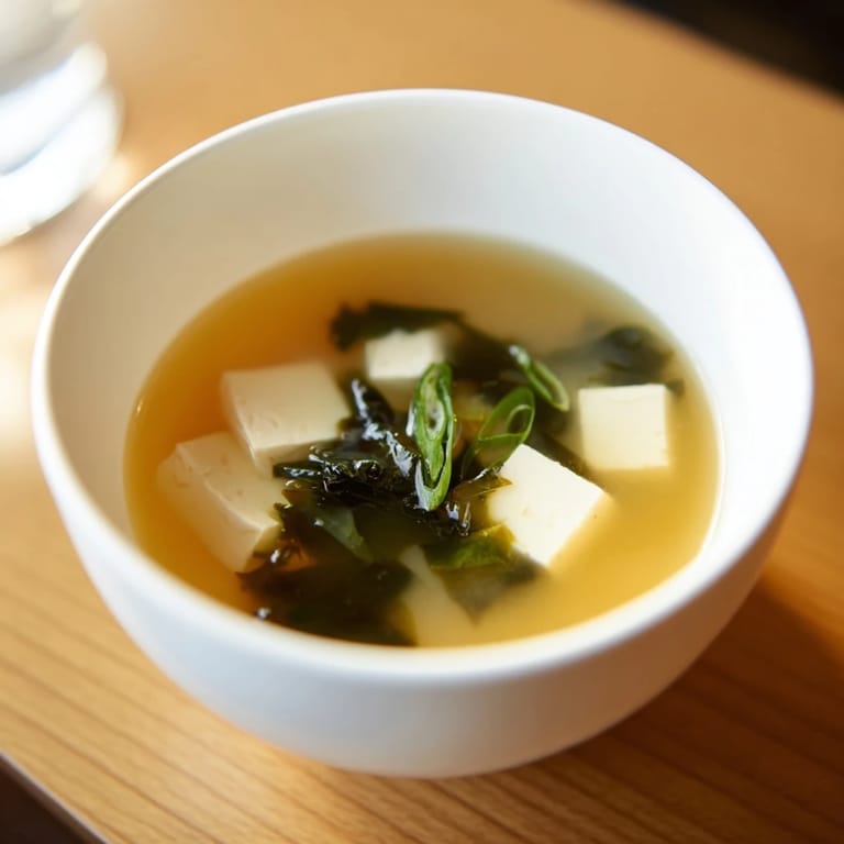 Bowl of steaming hot miso soup with tofu, showcasing vibrant green scallions and translucent wakame seaweed, ready to be enjoyed as a light Japanese meal.