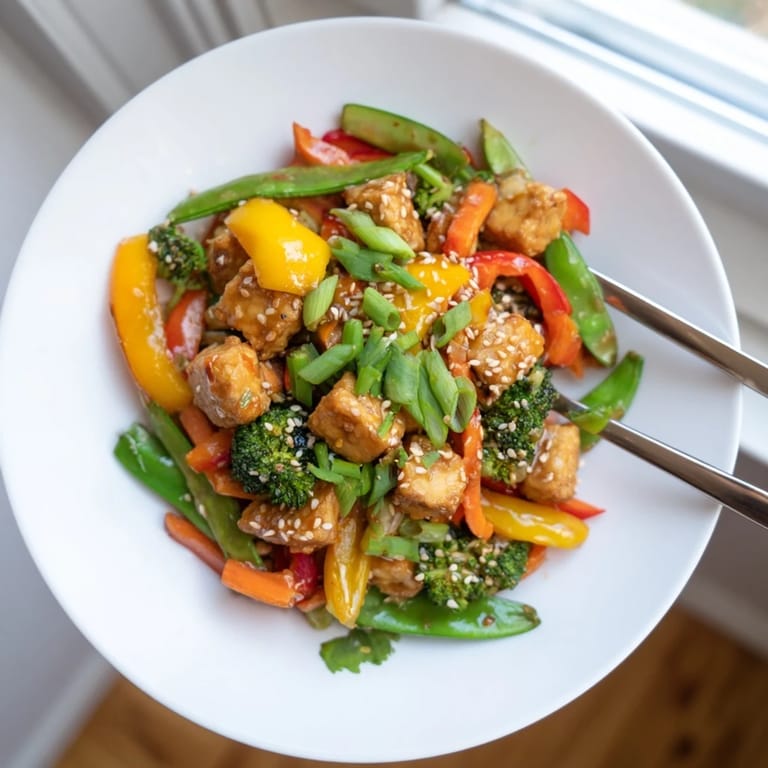 A close-up of the Vegetable Tempeh Stir-Fry reveals crispy snap peas and julienned carrots tossed with nutty tempeh and fresh ginger.