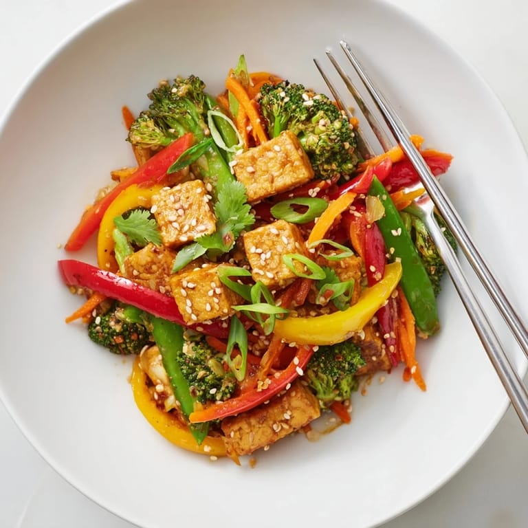 Serve this vibrant Vegetable Tempeh Stir-Fry over steamed jasmine rice, garnished with toasted sesame seeds and fresh cilantro for a complete meal.