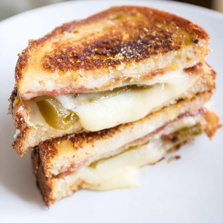 Melted Havarti and fresh jalapeños peek from between crispy, buttery bread slices in this close-up grilled cheese shot.