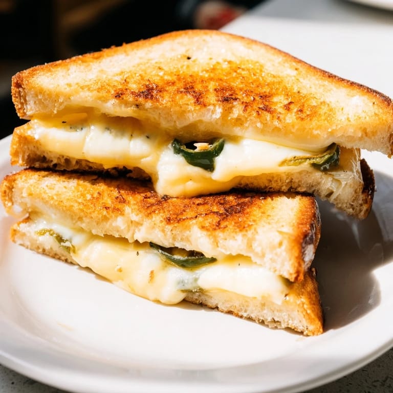 A decadent Jalapeño Havarti Grilled Cheese sandwich sliced in half, showcasing the gooey cheese and vibrant pepper rings.