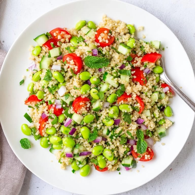 Edamame and Quinoa Salad served chilled, topped with fresh mint and parsley, perfect for a healthy, protein-packed lunch or light dinner.  