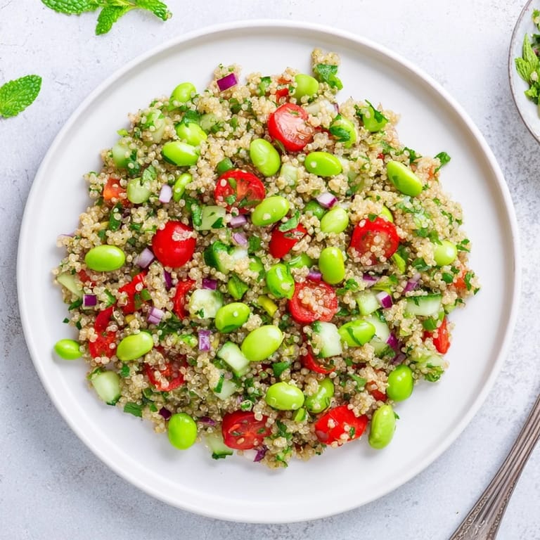 Vibrant Edamame and Quinoa Salad with diced red bell pepper and red onion, tossed in a tangy citrus dressing for a refreshing side dish.
