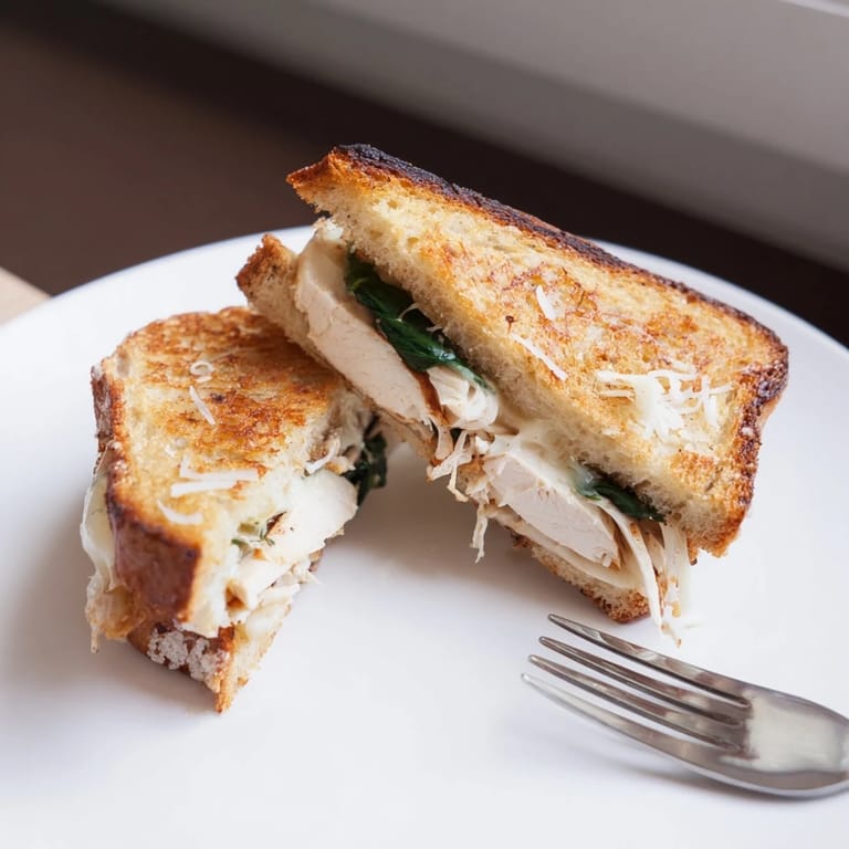 A toasted Grilled Chicken Spinach Panini on a wooden board, served beside a simple green salad for a balanced lunch.  