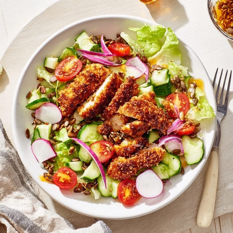 Crispy Hot Honey Chicken Salad showcases tender breaded chicken, a bold hot honey glaze, and roasted seeds on a crisp greens base.