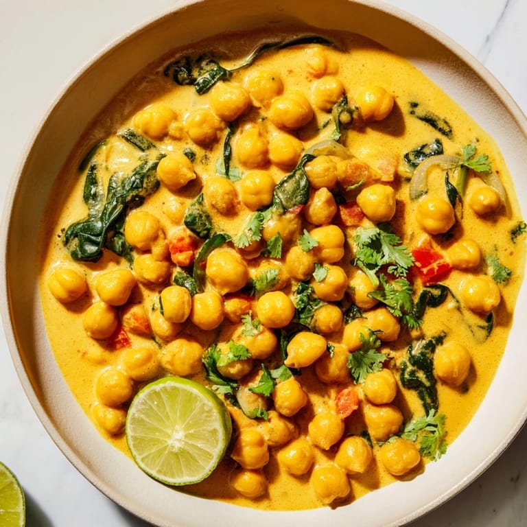 Homemade Chickpea Curry simmering in a skillet, featuring coconut milk and spinach for a comforting meal.