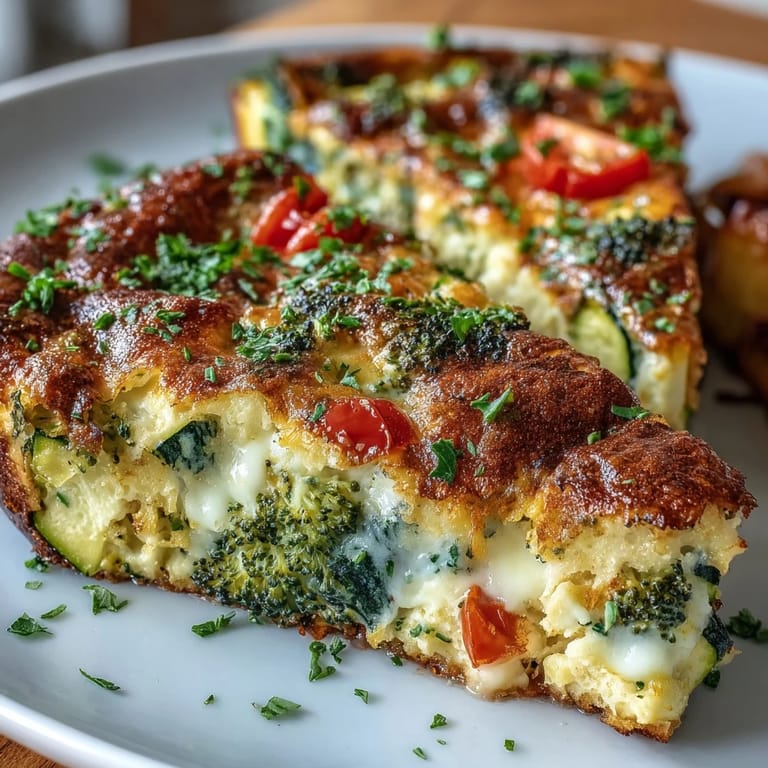 A savory vegetable frittata sliced, bursting with fresh garden flavors.
