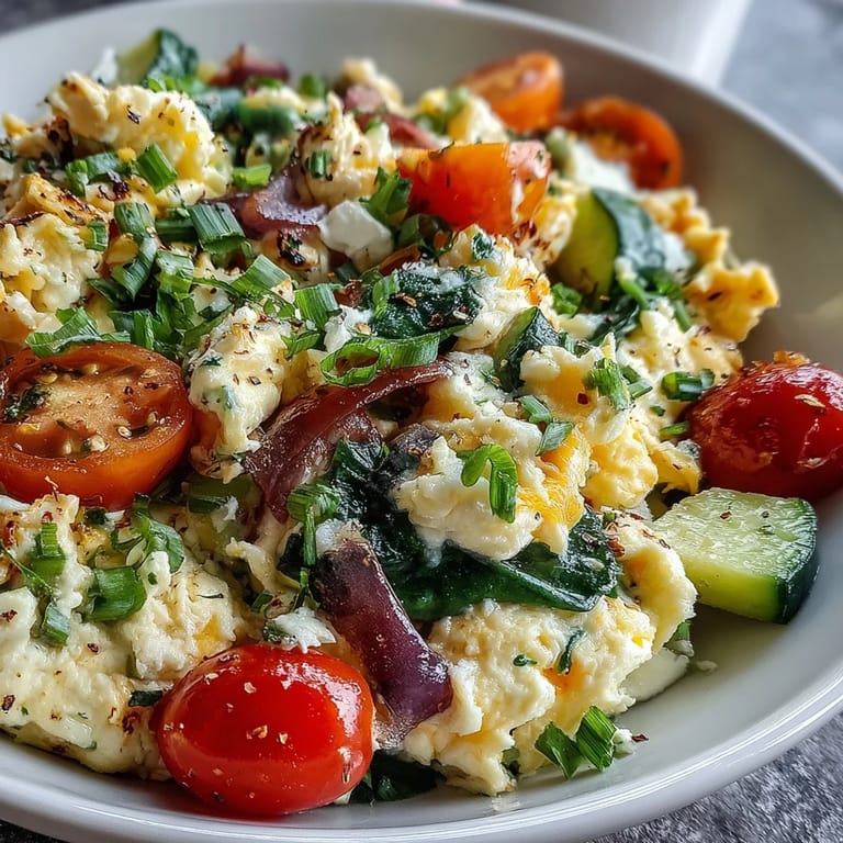 Fluffy Egg and Vegetable Scramble bursting with garden fresh flavors on a busy morning.