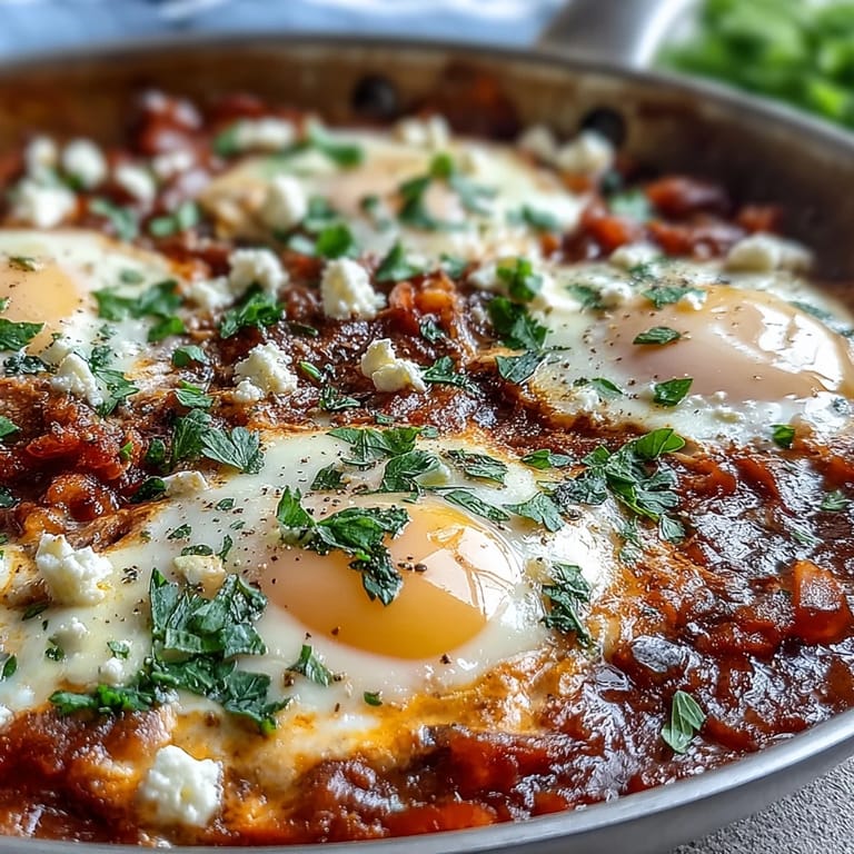 Flavorful shakshuka, showcasing runny yolks atop bold, aromatic pepper sauce.