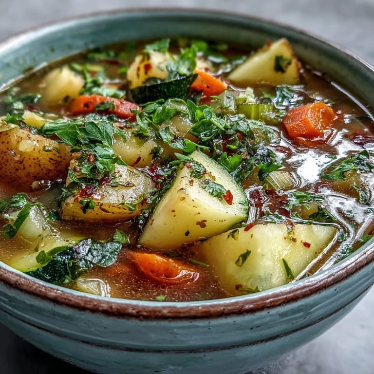 Overhead view of Potato and Vegetable Soup in a rustic bowl, featuring colorful tender potatoes, carrots, peas, and green beans.