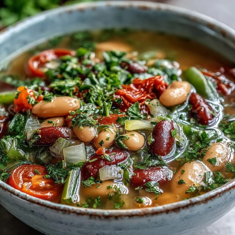 Zesty Three-Bean Salad Soup with cherry tomatoes and celery in a rustic bowl, ready for a cozy lunch.