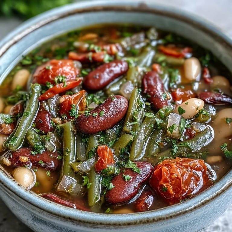Hearty vegetarian Three-Bean Salad Soup served hot, showcasing a rich broth with colorful beans and crisp veggies.