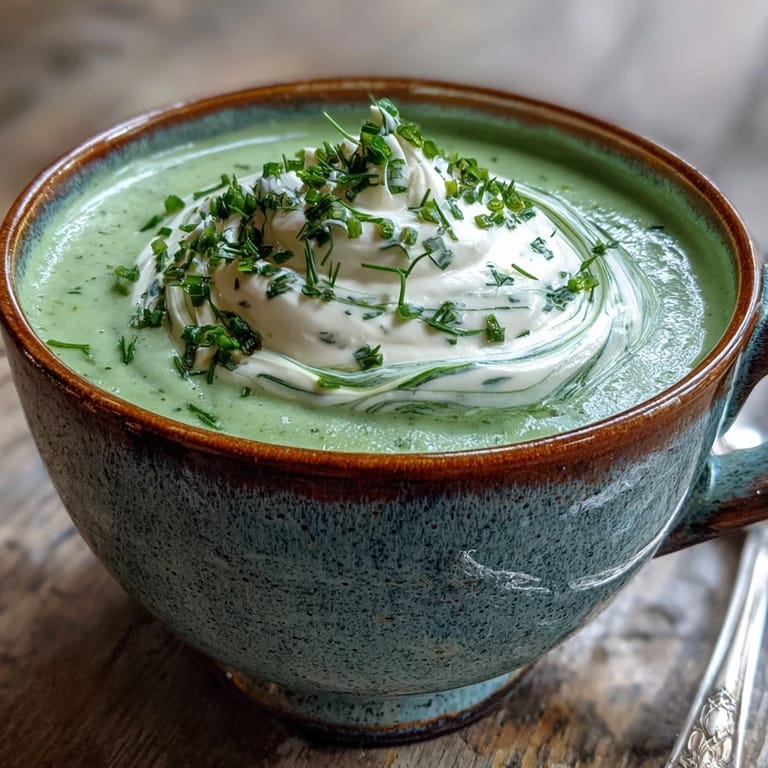 Silky Creamy Celery and Herb Soup topped with dill, ready to be served with crusty bread on the side.