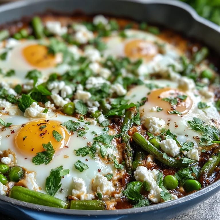 Top-down view of vegetarian Pea and Broad Bean Shakshuka, featuring tender peas, broad beans, and runny yolks in a spiced sauce.