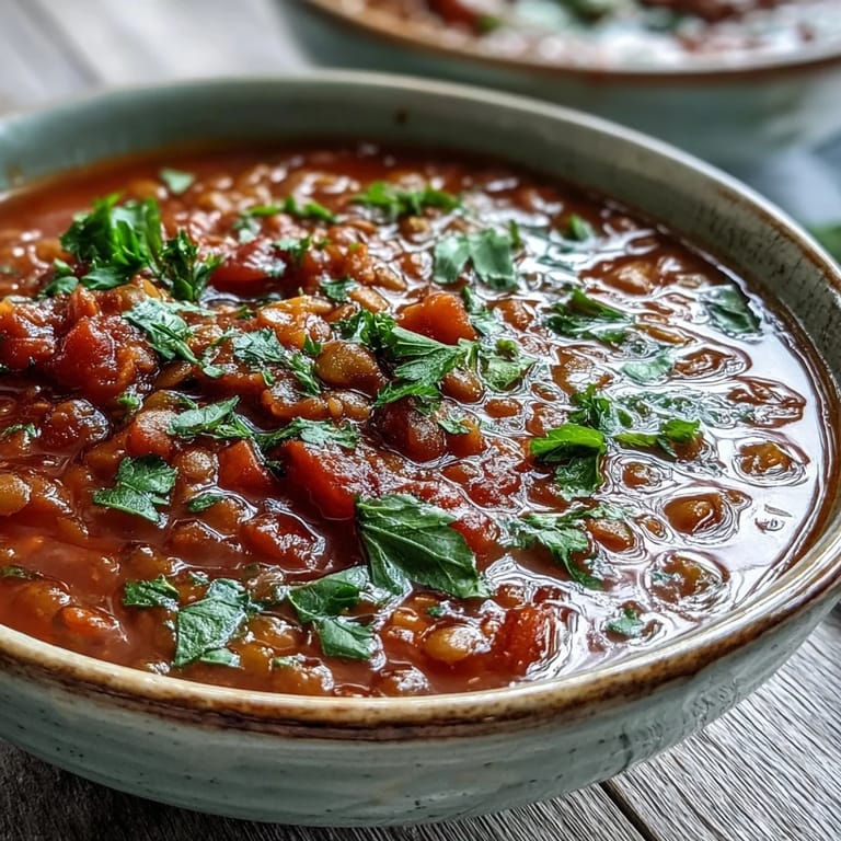 Close-up of a ladle serving chunky Tomato Lentil Soup, garnished with chopped parsley and lemon.