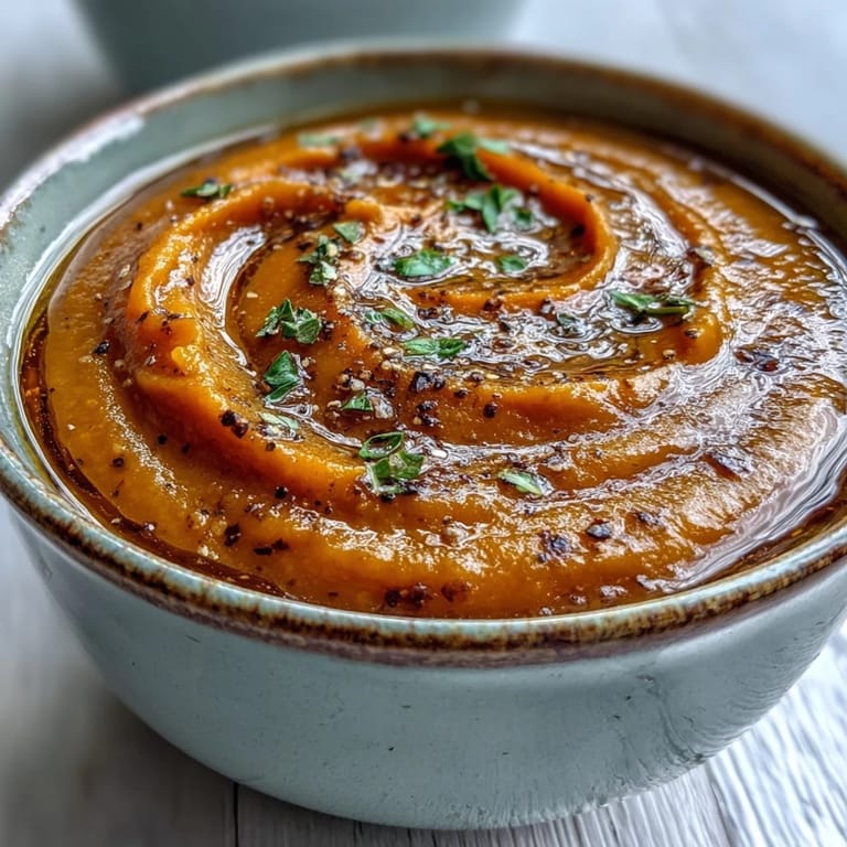 Freshly blended Roasted Vegetable Soup in a white ceramic bowl, topped with crunchy croutons, ready for a cozy, healthy lunch.