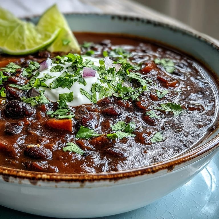 Comforting black bean soup topped with cilantro and sour cream, served warm.