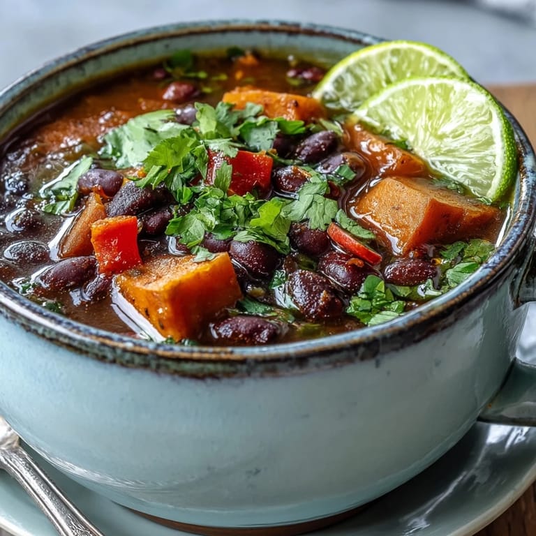 A hearty bowl of Sweet Potato and Black Bean Soup topped with lime wedges and fresh cilantro.