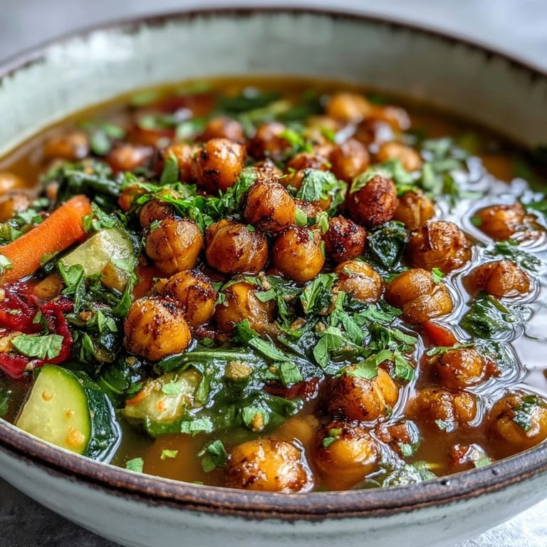 Vibrant diced carrots and kale float in a warmly spiced broth for this Spiced Chickpea and Vegetable Soup. 