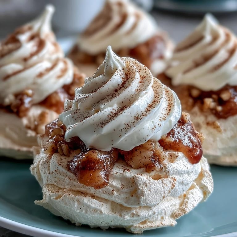 Mini pavlova dessert topped with pears, cinnamon, and a sweet whisky syrup drizzle.