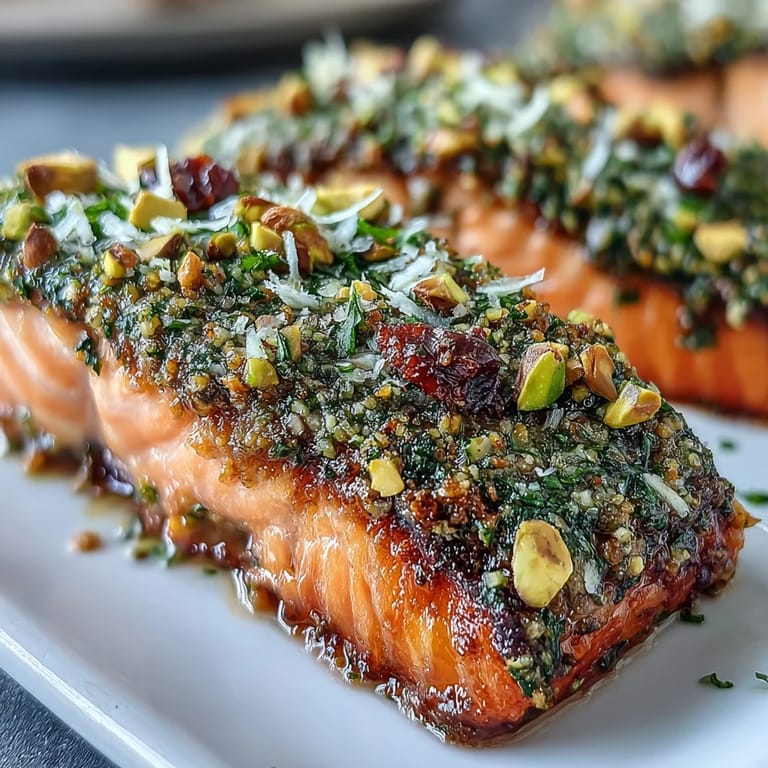 Tender poached Confit Salmon with Tahini, Pistachio and Herb Crust plated beside a crisp Mediterranean salad.