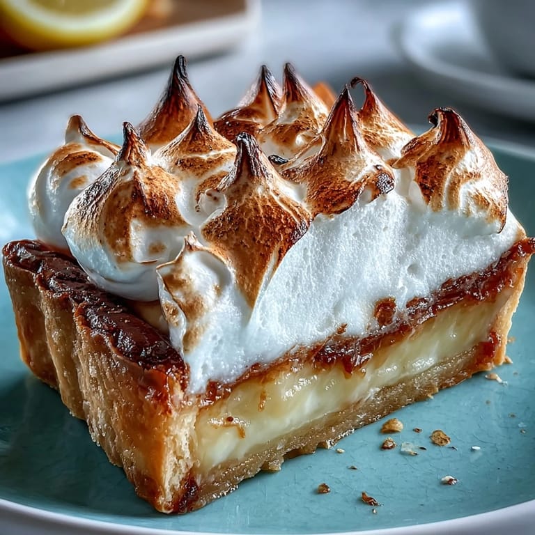 A slice of tangy Lemon Meringue Pie reveals its bright yellow filling on a dessert plate.