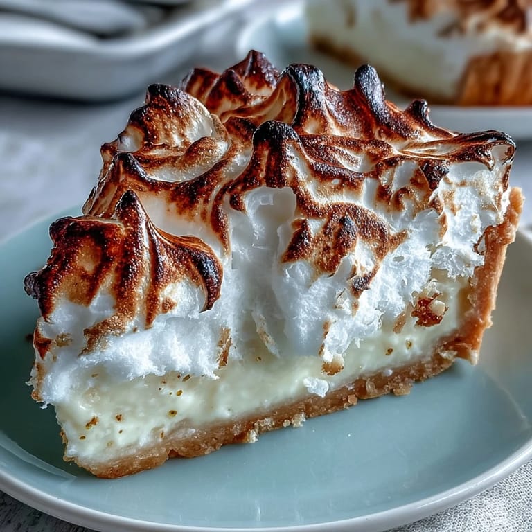 Freshly baked Lemon Meringue Pie is topped with toasted meringue peaks, served alongside a cup of coffee.