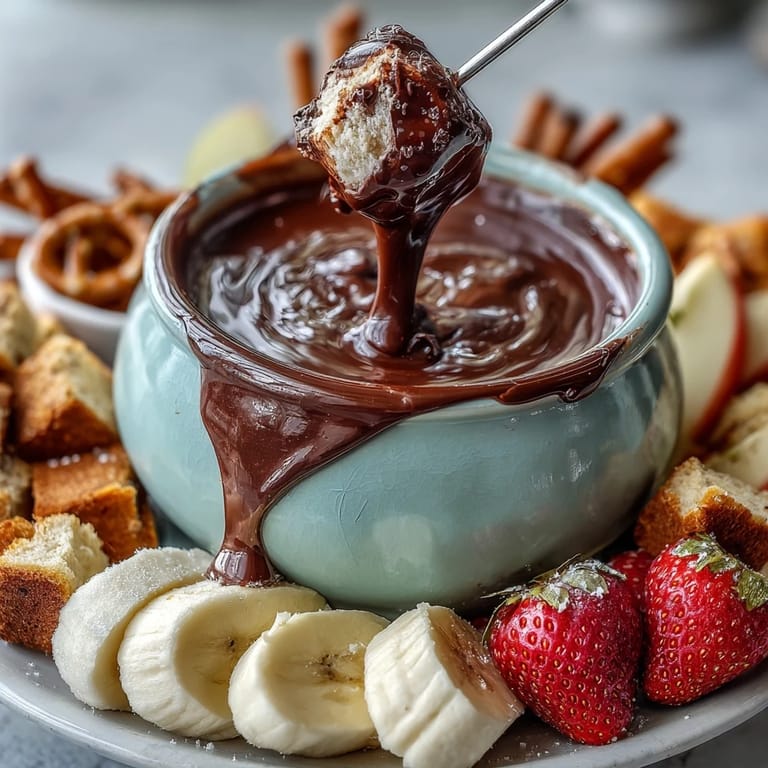Decadent Boozy Chocolate Fondue bubbling gently, paired with apple wedges, pretzel sticks, and ripe banana slices on a rustic platter.