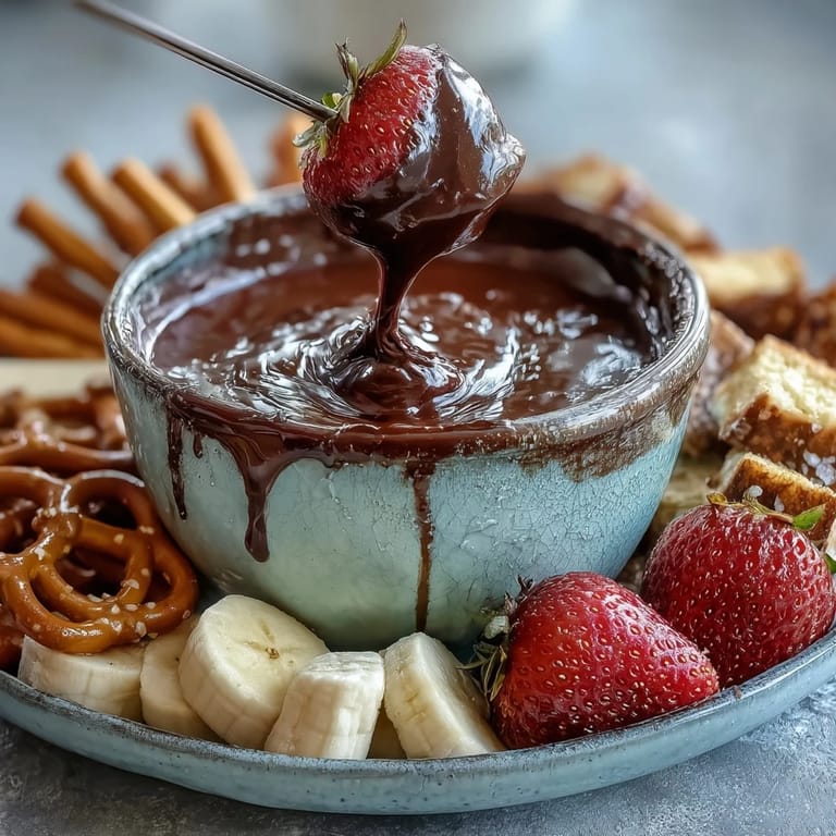 Rich Boozy Chocolate Fondue glowing under soft candlelight, ready for dipping fruits, pastries, and sweets at a cozy gathering.