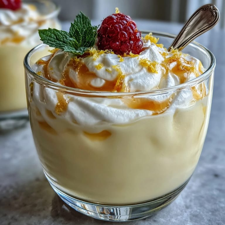 Zesty Lemon Fool served chilled in a glass, topped with lemon zest and sweet raspberries.