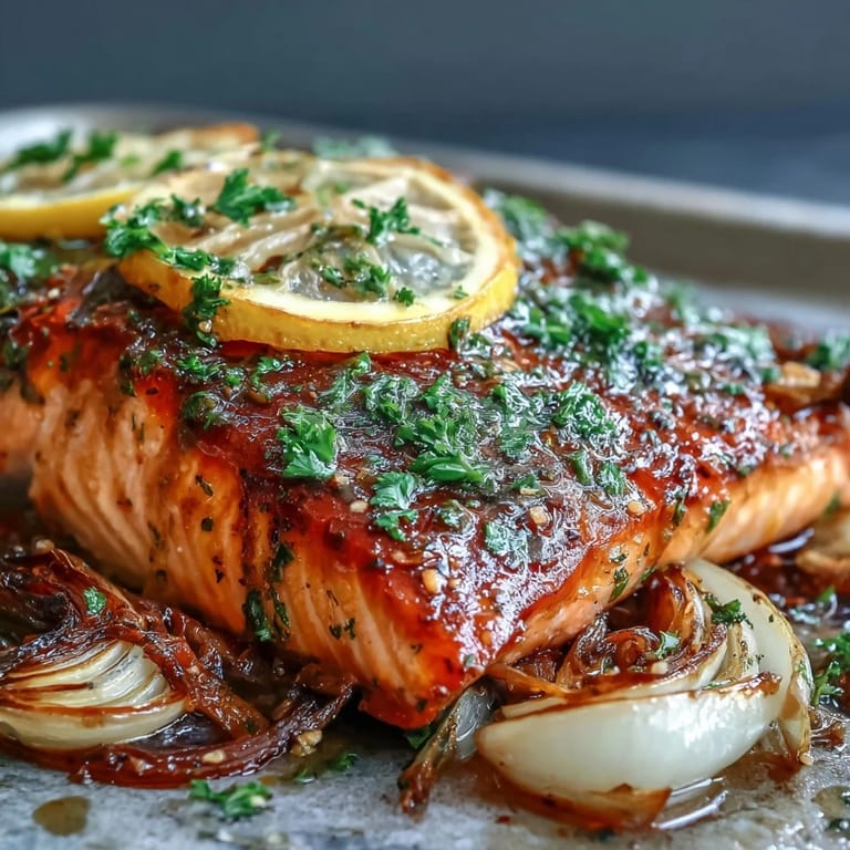 Vibrant One-Pan Roast Salmon With Leeks, Onions, and Parsley Dressing plated with herbs and lemon wedges.