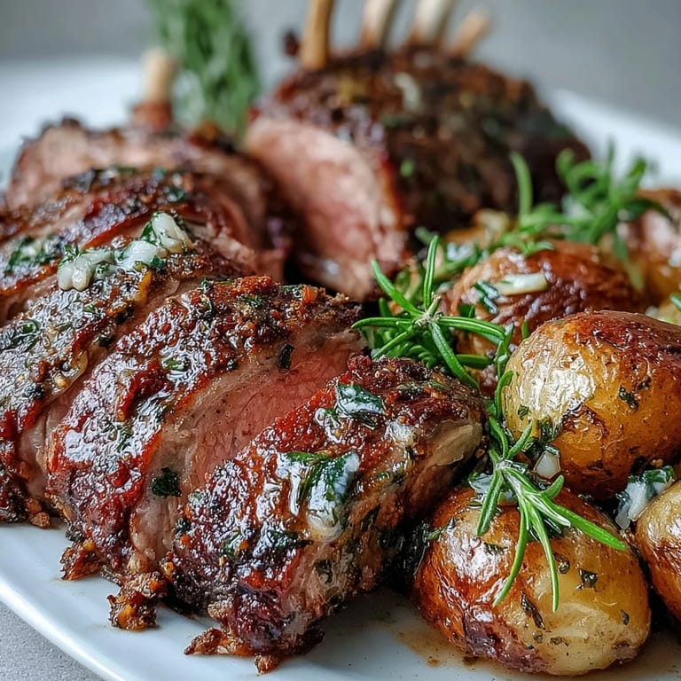 Close-up of a juicy One-Pan Roast Rack of Lamb sliced into chops, served on a platter with golden, green olive potatoes.