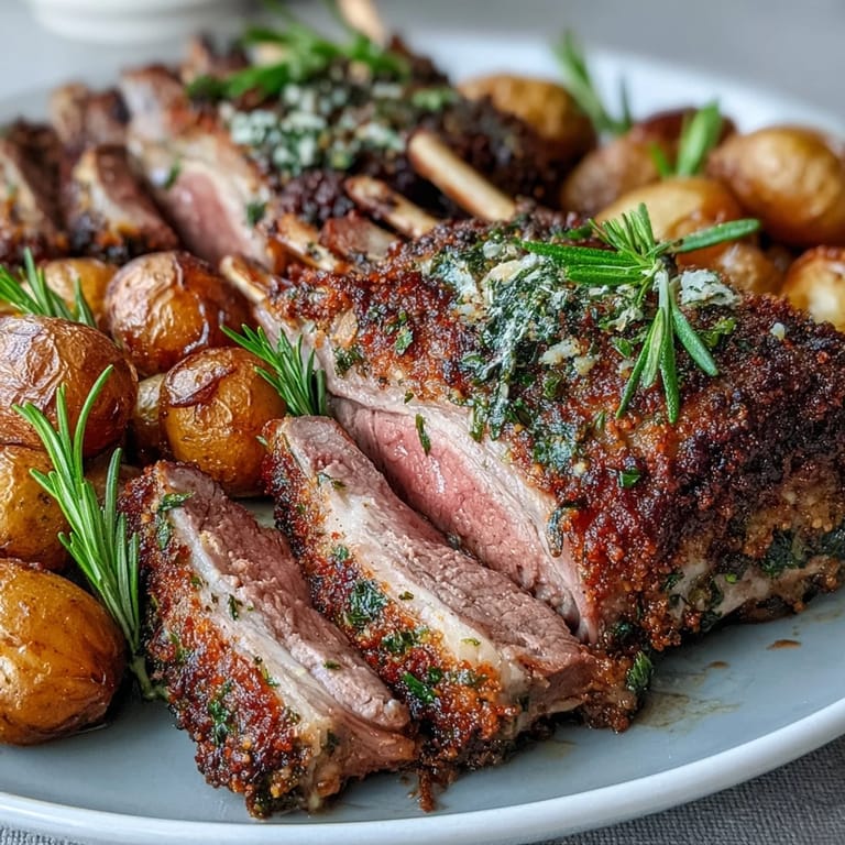 Elegant One-Pan Roast Rack of Lamb plated for two, featuring succulent lamb, roasted potatoes, and a bright green olive-parsley topping.