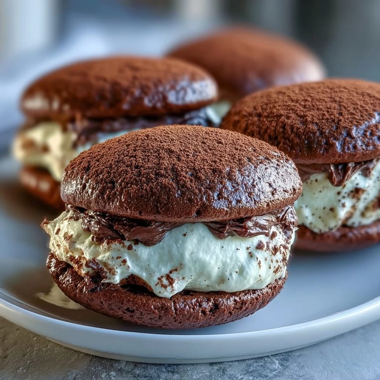 A close-up view of a Tiramisu Whoopie Pie reveals the soft chocolate shell and luscious mascarpone filling, perfect for coffee lovers.