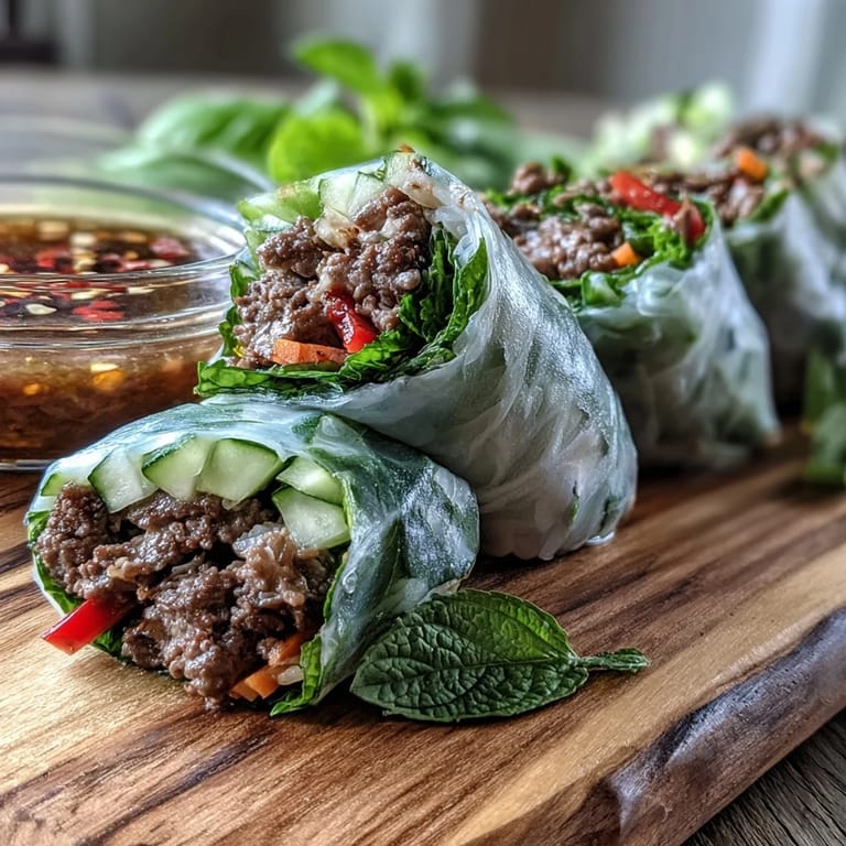 Sliced Thai Basil Beef Rolls plated beside a small bowl of tangy, spicy dipping sauce for appetizers.