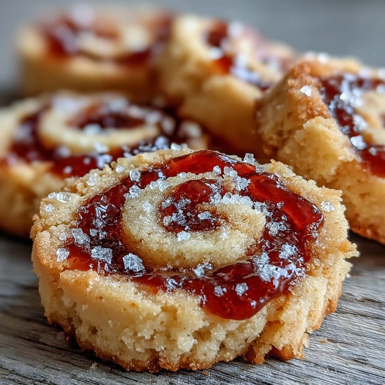 Homemade Raspberry Swirl Shortbread Cookies stacked on a ceramic plate, displaying their buttery crumb texture and vibrant red swirls.