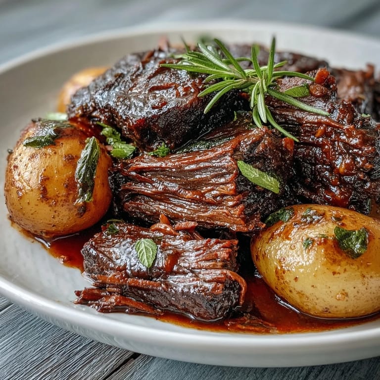 Fork-tender beef pot roast served in a white bowl, drizzled with savory red wine gravy.